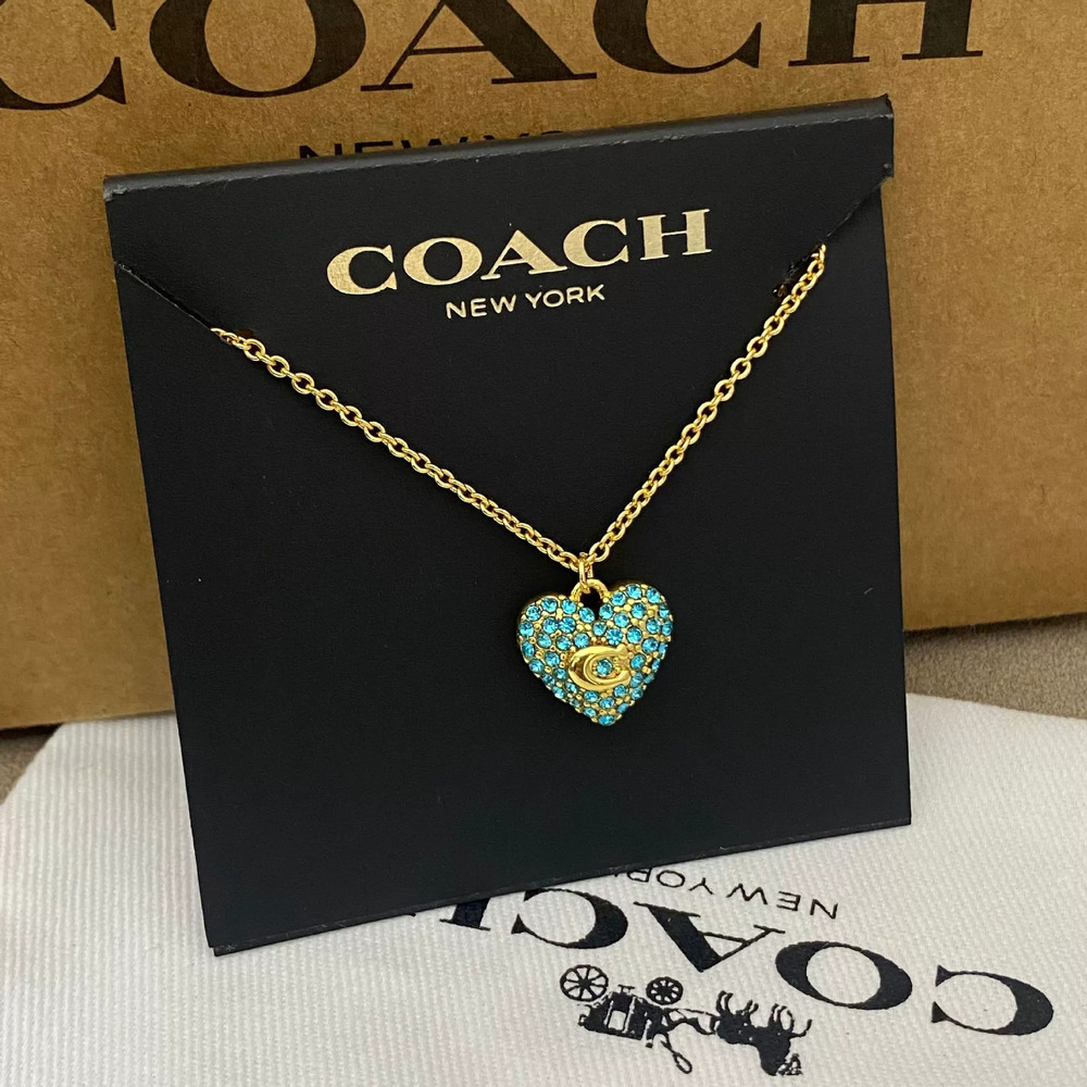 Coach Gold Plated Copper Heart Pendant Blue Rhinestone Choker